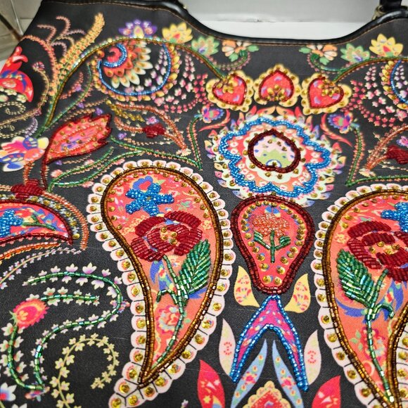 Womens Isabella Fiore Floral Flower Paisley Embroidered Beaded Tote Shoulder BAG - Picture 5 of 16